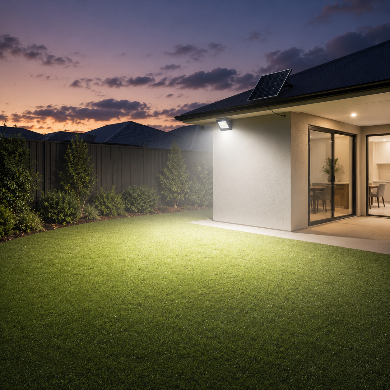 60W solar flood lamp with roof-mounted panel over a patio. Weatherproof solar lights floodlights for Australian homes.