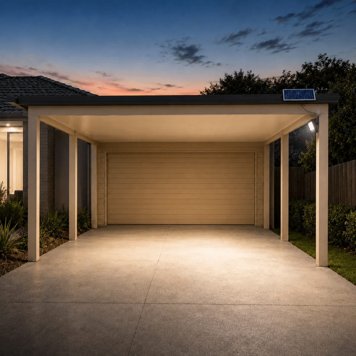 40W solar floodlight on a carport post illuminating a covered driveway. Outdoor solar security lights for home entry.