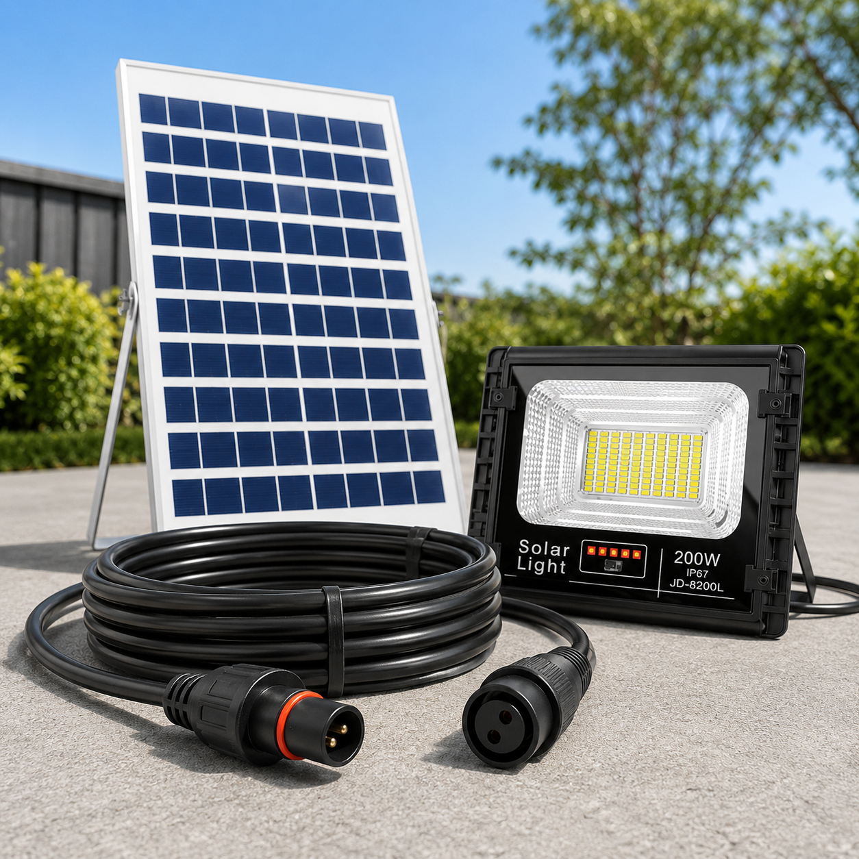 A coiled 10m solar flood light extension wire connected to a 200W IP67 solar panel and outdoor LED floodlight on a sunny day.