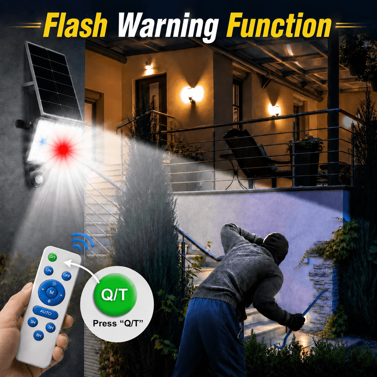 Solar flood light flash warning function activated by remote control emitting a strong strobe light to deter a suspicious trespasser at night.