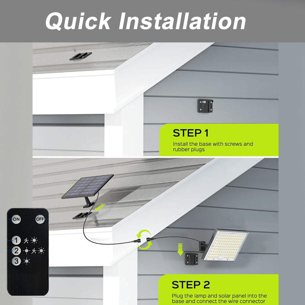 Solar flood light with motion sensor showing step by step quick installation guide onto a house wall.
