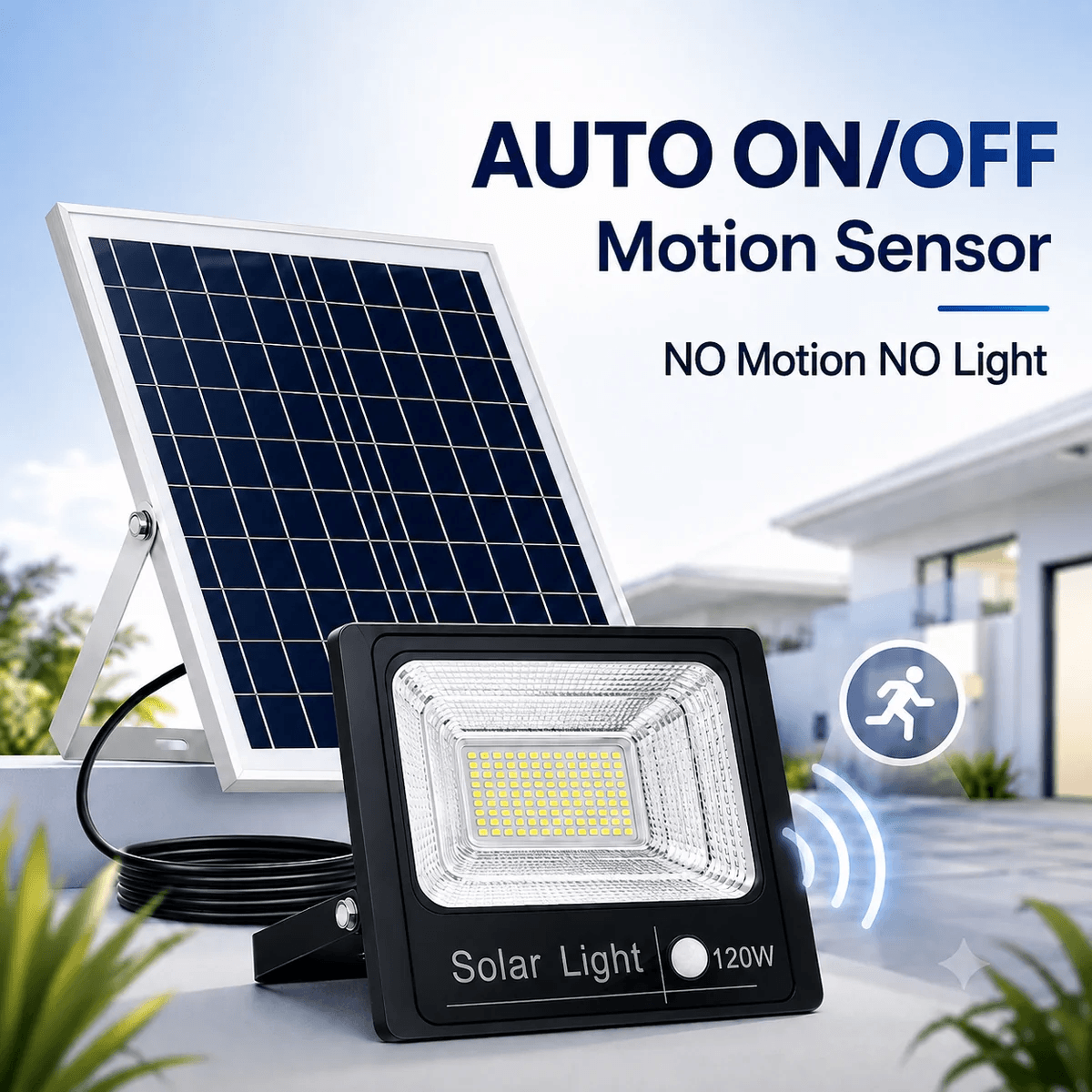Solar flood light no motion no light graphic highlighting the auto on off sensor functionality of the 120W split solar panel security system.