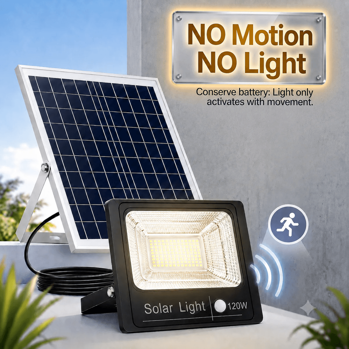 Split solar sensor flood light showing the 120W LED fixture and independent solar panel highlighting the energy saving no motion no light security mode.