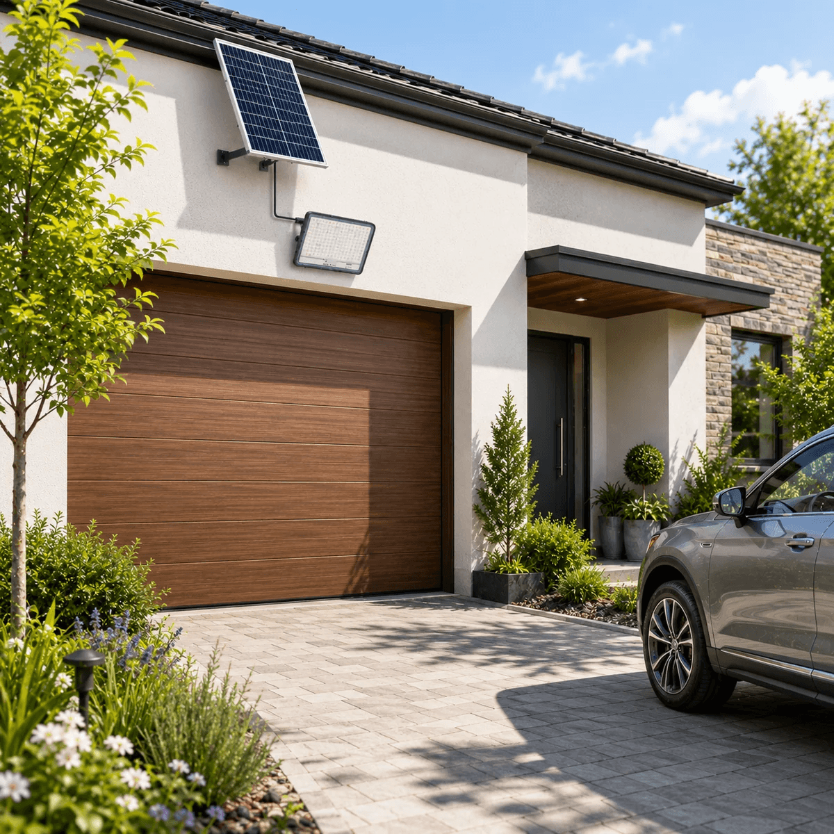 Premium solar flood light with motion sensor installed on a residential garage wall above a brick driveway.