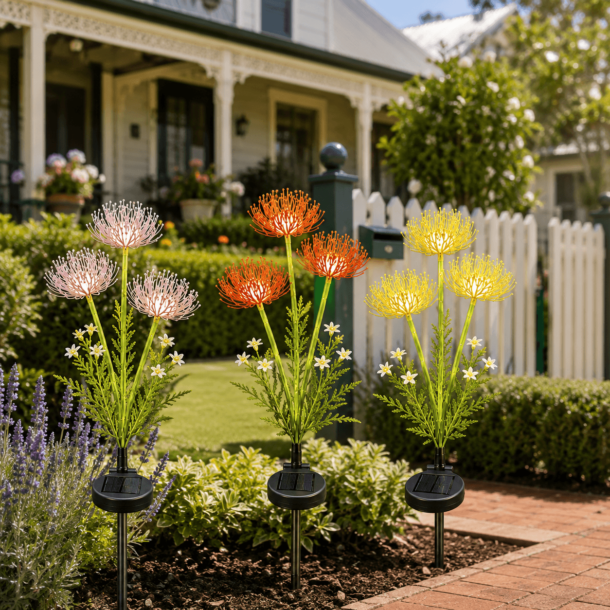 Three spider lily solar garden stakes in pink, red, and yellow glowing next to a brick garden pathway in front of a white picket fence.