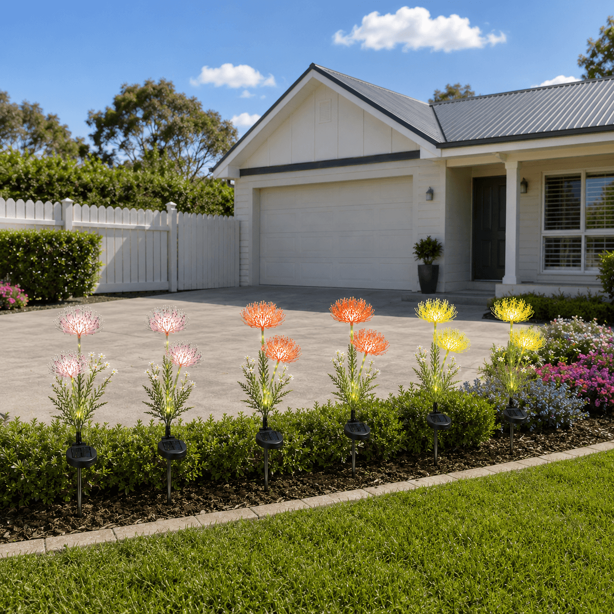 Six solar flower garden lights lining a driveway garden bed in front of an Australian home at dusk.
