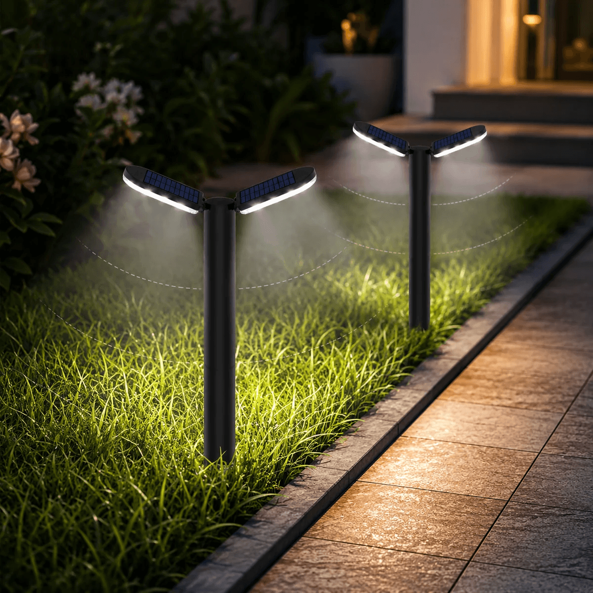 Solar garden spike lights with cool white LED illuminating lawn border alongside paved pathway at night 