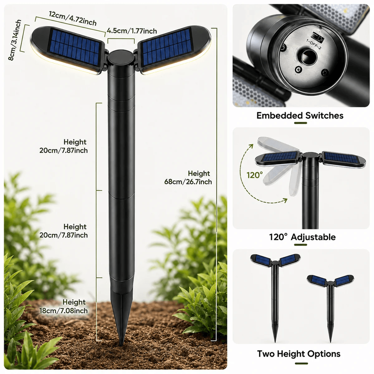 Solar garden spike lights specifications showing 68cm height 12cm panel width embedded switch 120 degree adjustable panel and two height options for Australian gardens