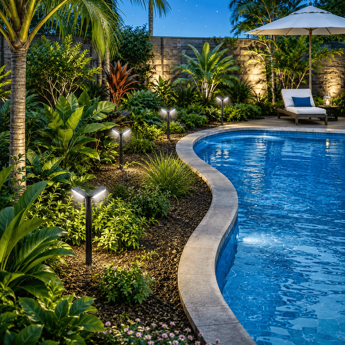 Solar garden stake lights illuminating tropical garden beds alongside backyard pool area with sun lounger in Australian outdoor entertaining space