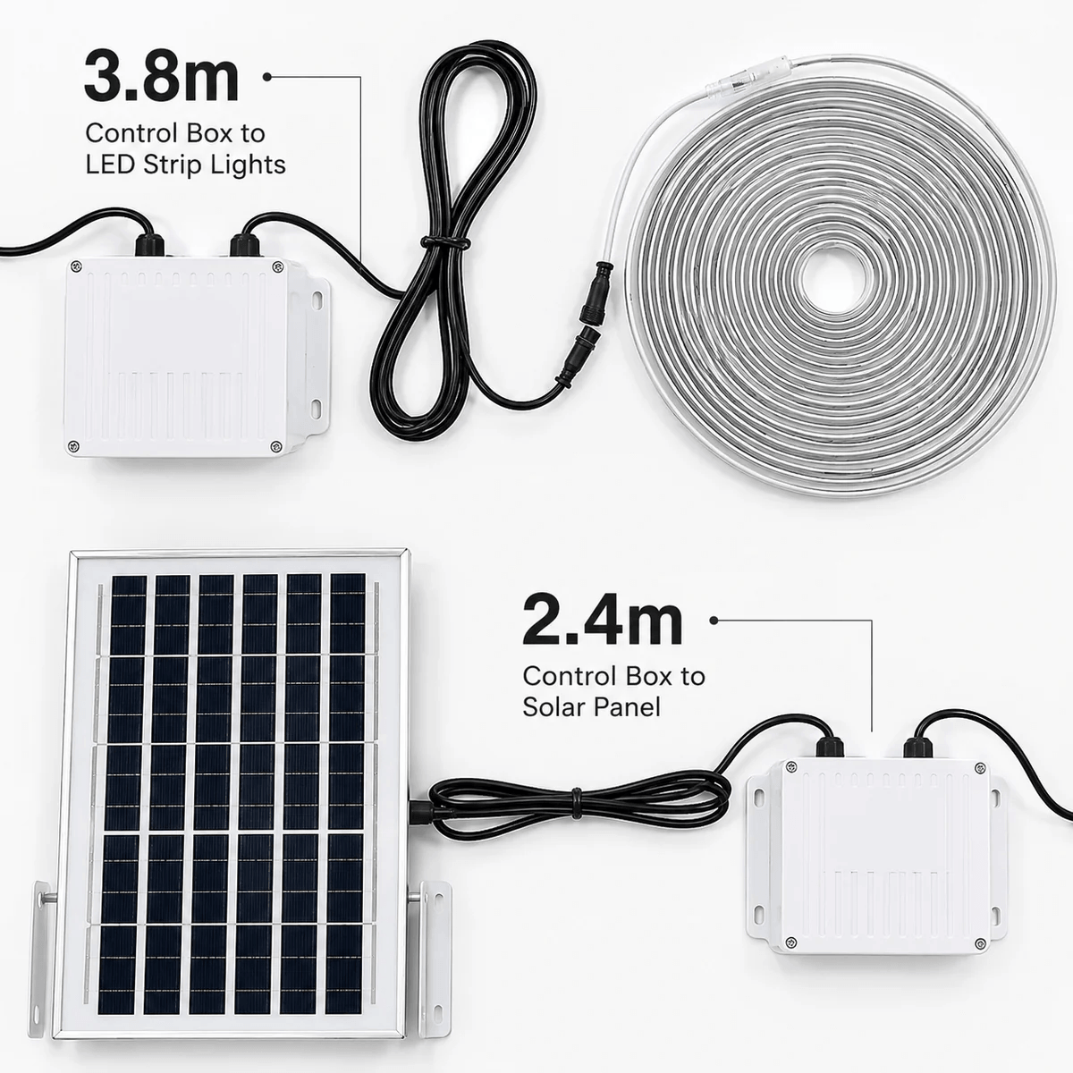 Installation dimensions for the solar garden strip lights kit showing a 3.8m cable from the control box to the LED strip lights and a 2.4m cable leading to the solar panel.