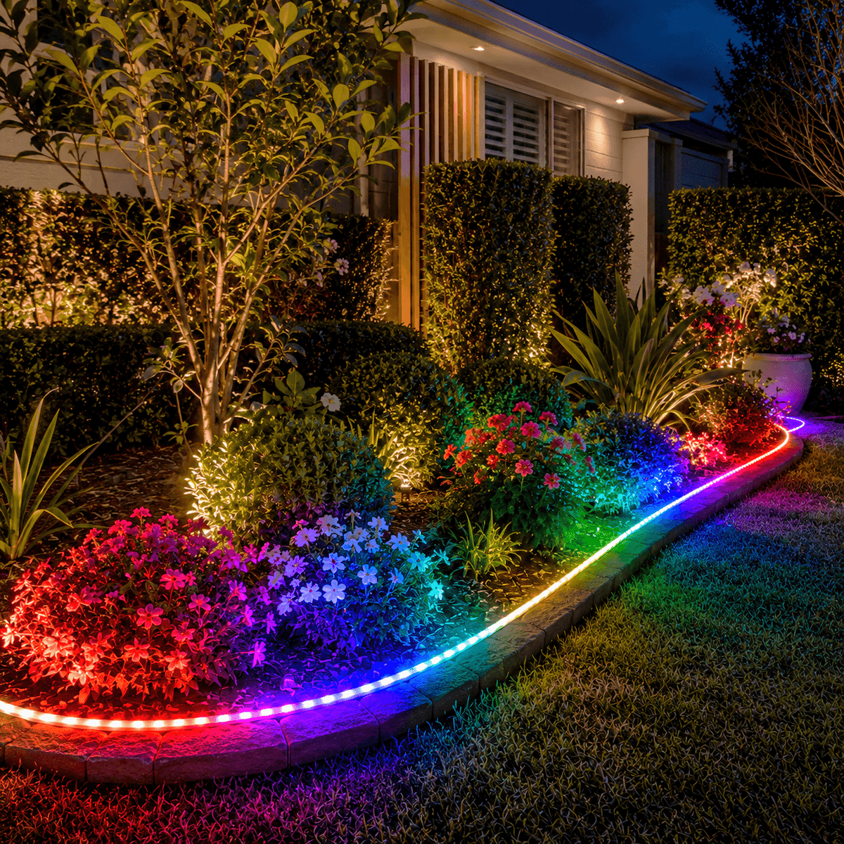 Multi-colour solar garden strip lights seamlessly curving along a brick landscape border to light up flower beds and shrubs in a front yard at night.