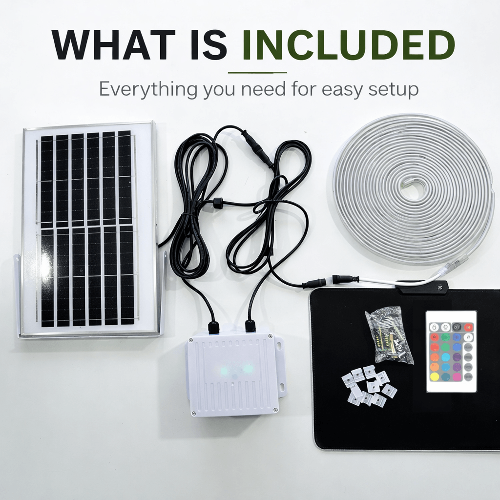 An overhead product breakdown showing what is included in the solar garden strip lights kit, including the solar panel, control box, extension wiring cables, coiled LED ribbon strip, mounting hardware, and remote controller.