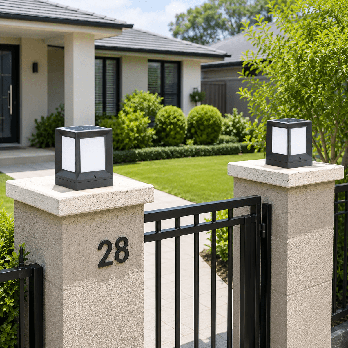 Solar gate cap lights installed on both stone entrance pillars of a modern Australian home with a black iron gate and manicured front garden