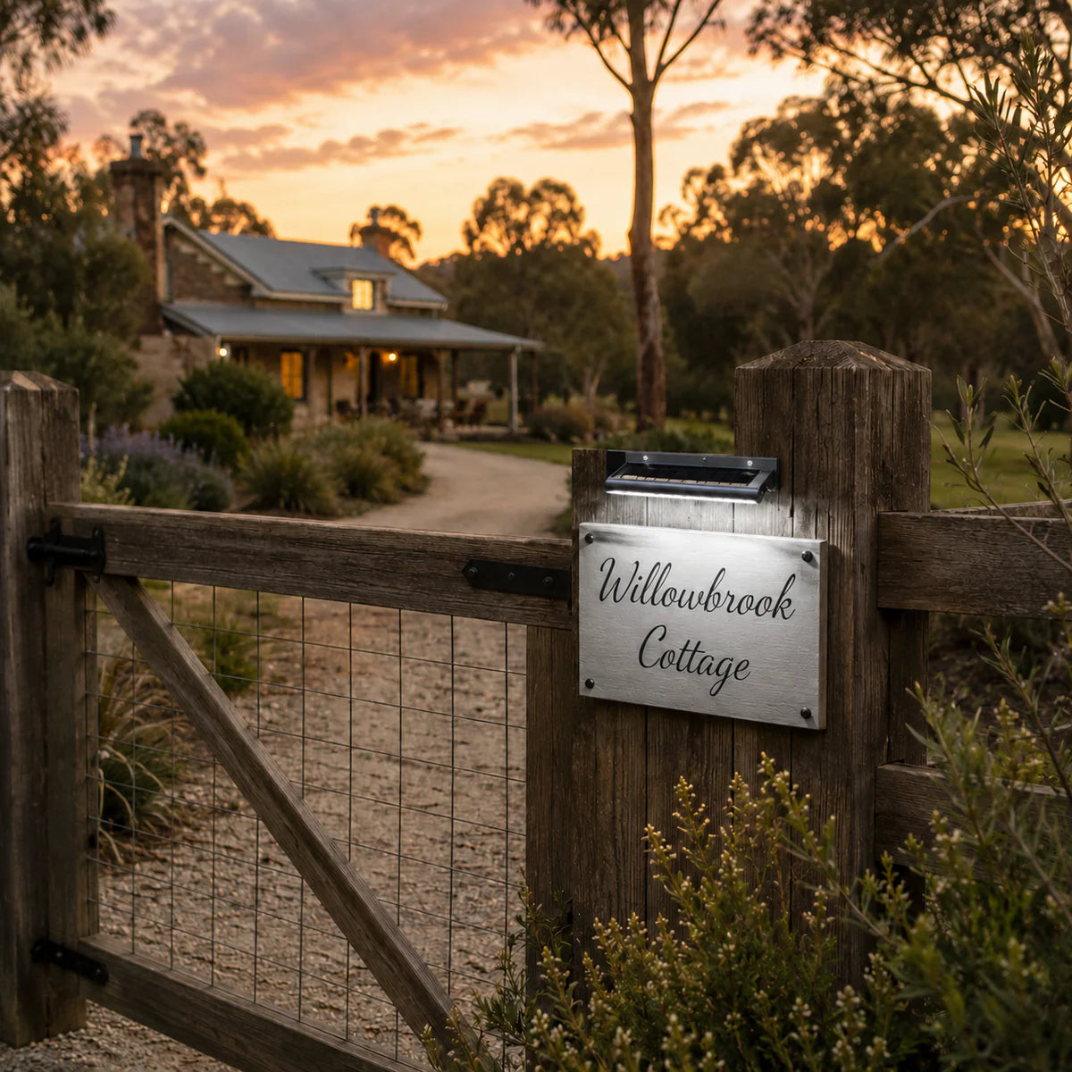 A solar gate sign light illuminating a rustic property nameplate on a wooden fence during sunset in rural Australia.