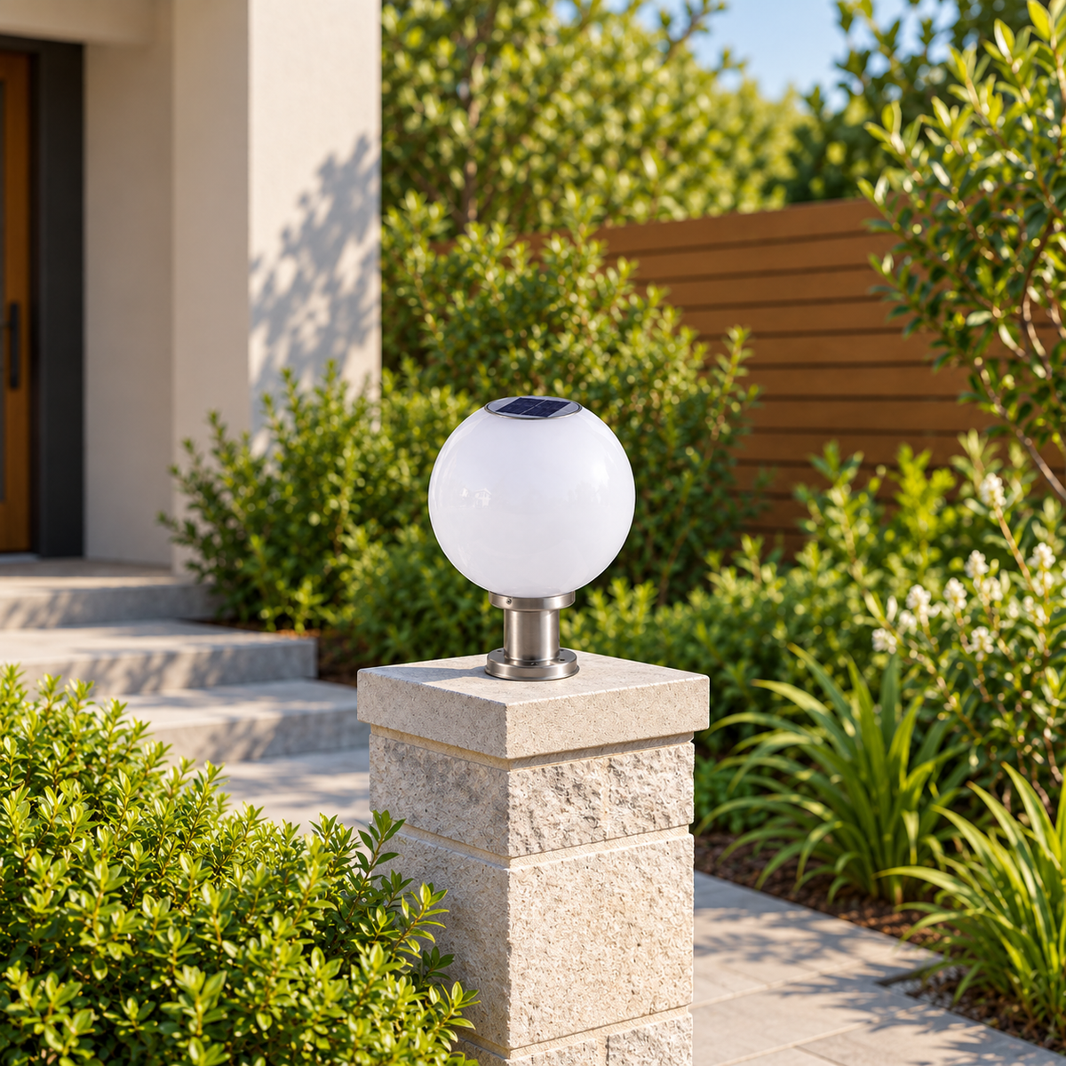 Compact 20cm solar globe pillar light with a stainless steel base mounted on a brick entrance post next to garden stairs and landscaping.