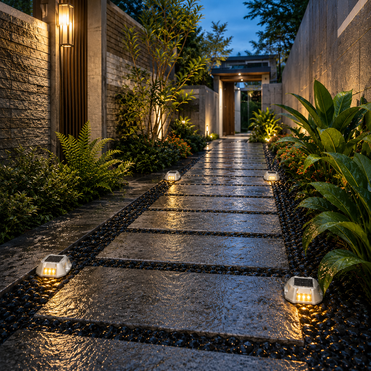 Solar ground safety lights lining a landscaped Australian garden path with stepping stones and pebbles, emitting warm yellow LED glow at dusk for outdoor safety and ambiance