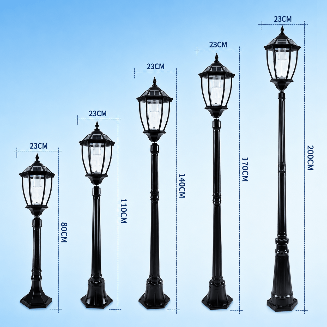 A dimensions chart showing the height options of the victorian solar post light in Australia ranging from 80cm up to a 200cm solar lamp post.