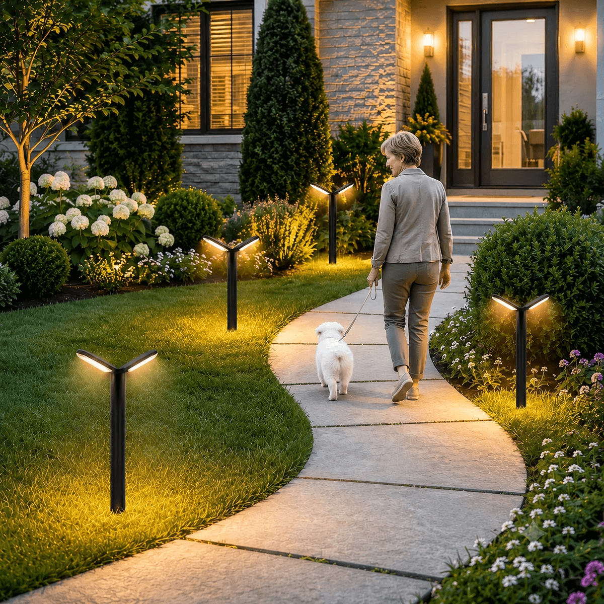 Solar landscape lighting lining front yard stone pathway leading to home entryway with warm white LED illuminating lawn and garden beds in Australia