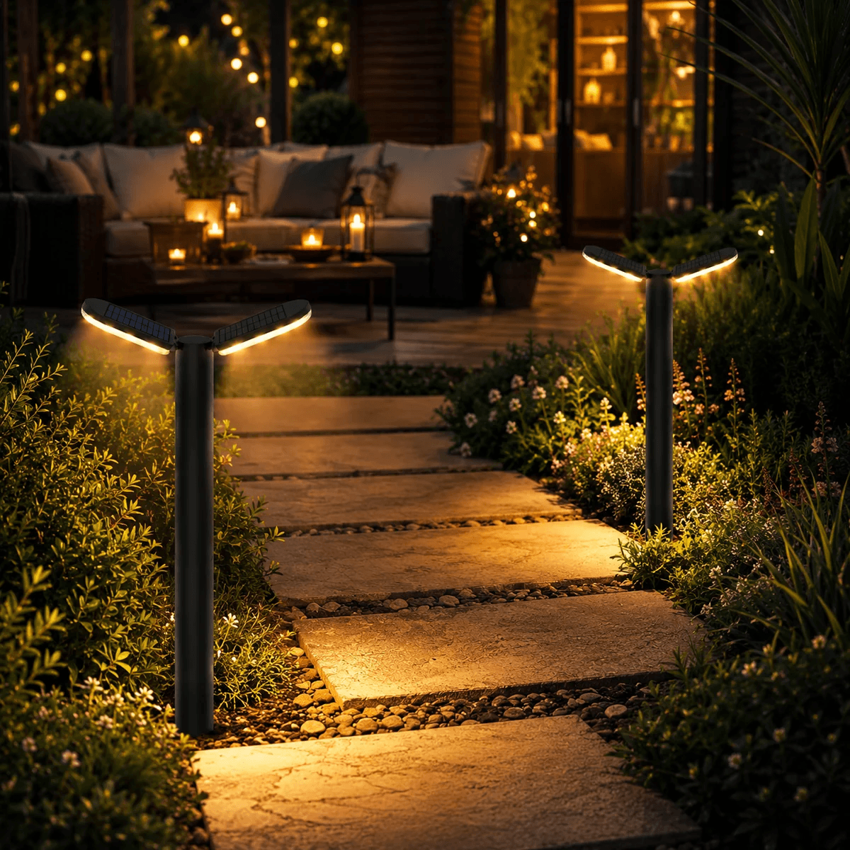 Solar landscape lighting illuminating stone garden pathway at night with warm white LED glow and outdoor entertaining area in background
