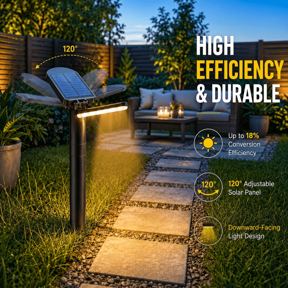 Solar landscape lighting with high efficiency 18% monocrystalline panel featuring 120 degree adjustable angle and downward facing light design in Australian backyard