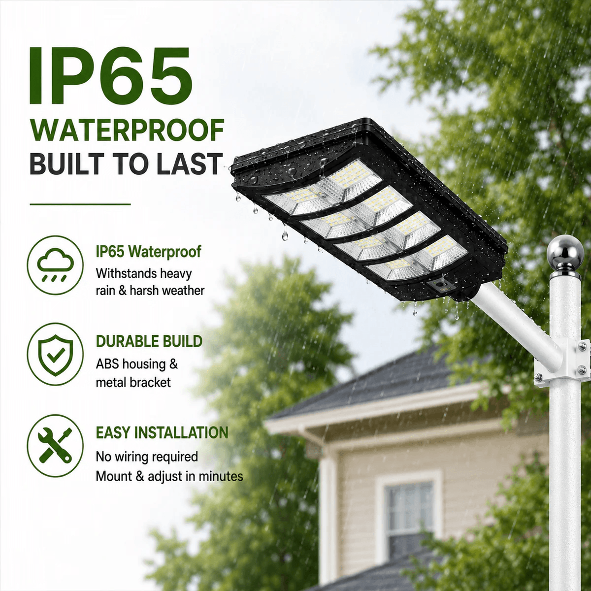 An infographic demonstrating an IP65 waterproof solar led street light withstanding heavy rain to showcase its durable ABS housing, metal bracket, and easy installation layout.
