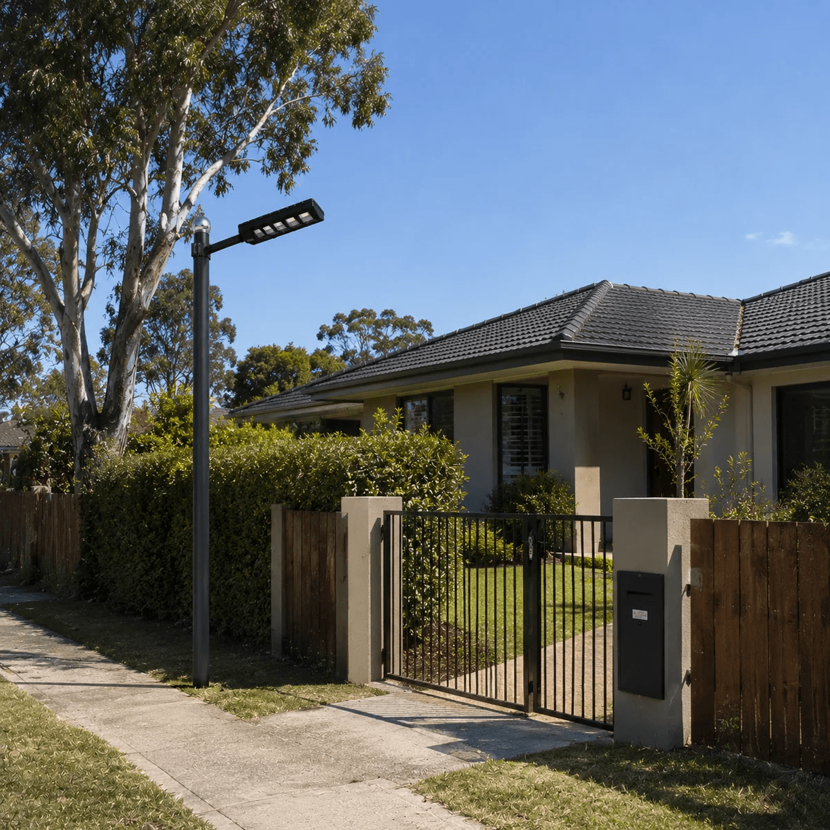 A premium solar led street light mounted on a dark pole alongside a suburban residential fence and front gate to provide efficient solar street light Australia style property security.