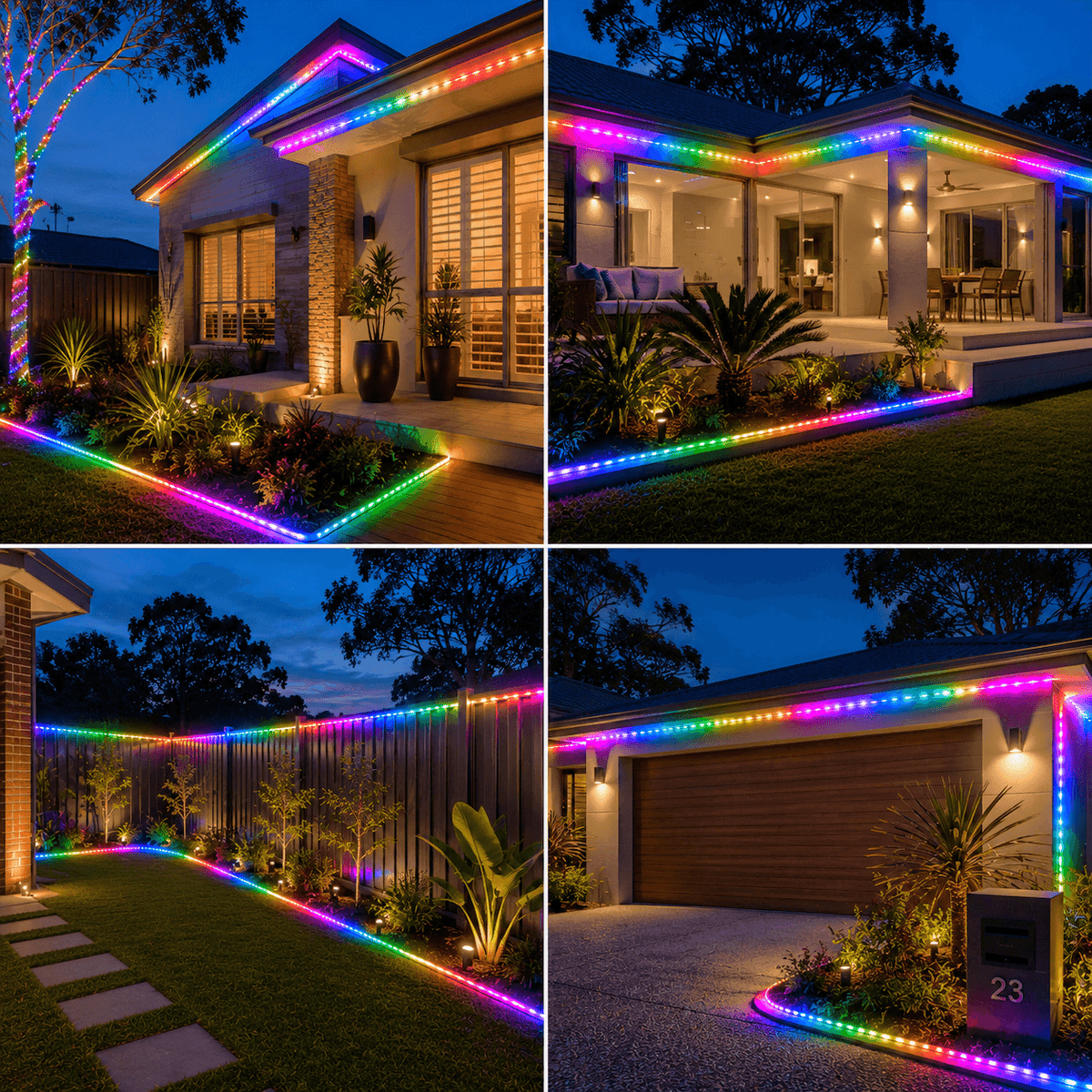 A four-panel collage showcasing solar LED strip lights outdoor placement options including roofline accenting, backyard patio lighting, fence line borders, and concrete driveway trimming.