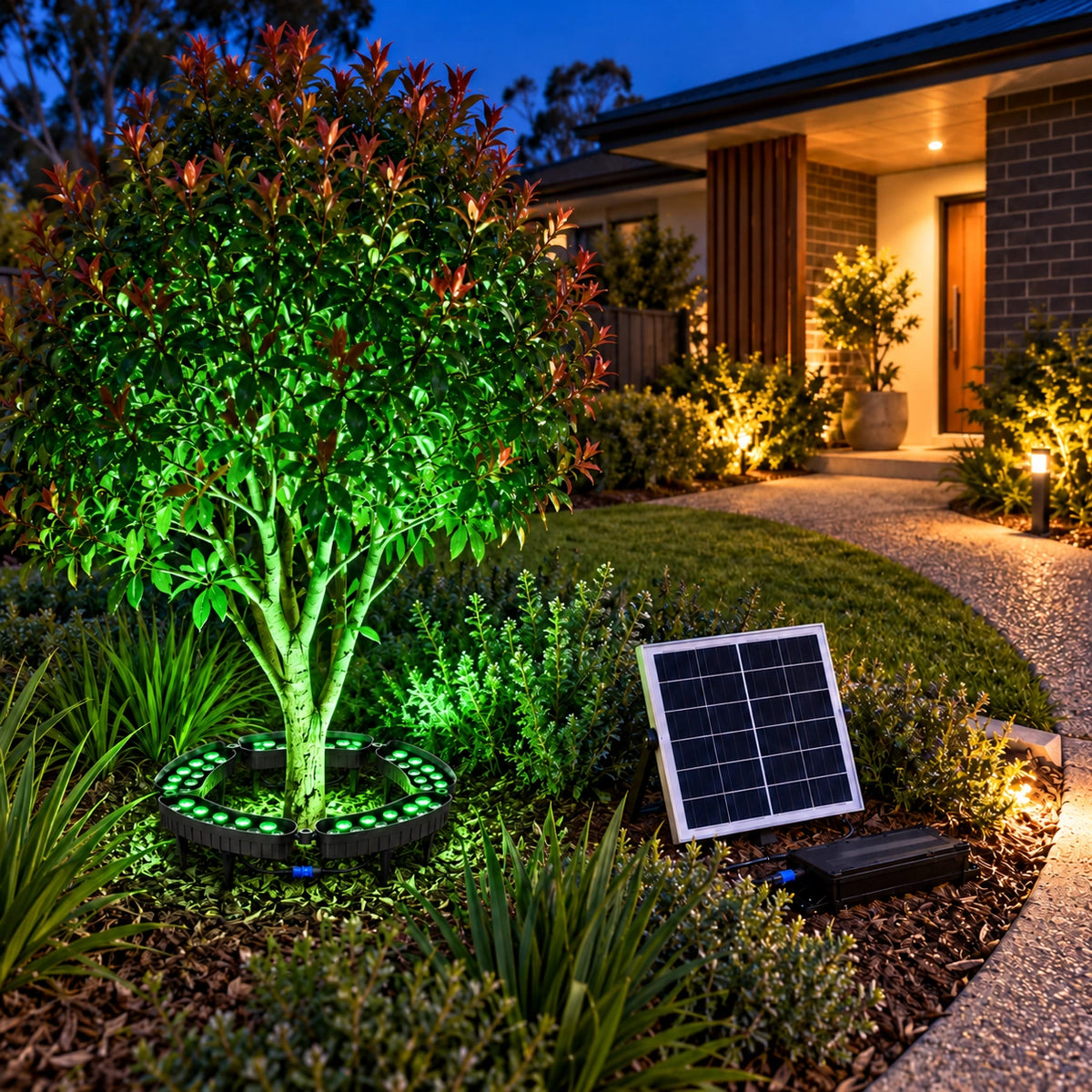 Solar powered 5-head tree ring light set to solid green color mode illuminating an ornamental landscape tree in a front yard mulched garden bed next to a home entrance pathway at night