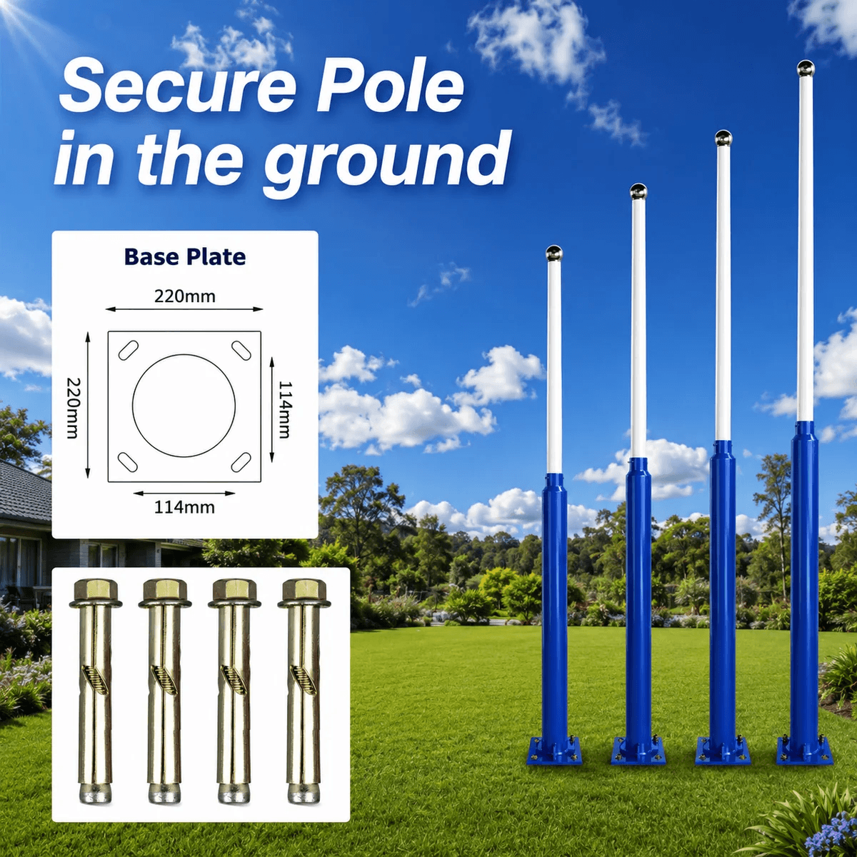 Technical diagram showing a 220mm by 220mm steel base plate design and a heavy duty rebar cage anchor kit used to secure a modular multi-purpose galvanized pole firmly in the ground.