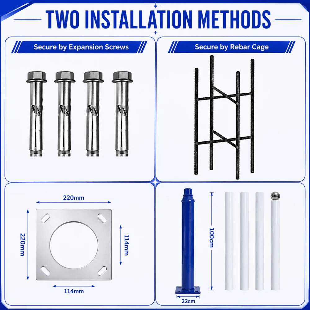 Infographic demonstrating two installation methods for a split assembly light pole, highlighting anchoring setups using expansion screws for concrete surfaces or an underground rebar cage footing.