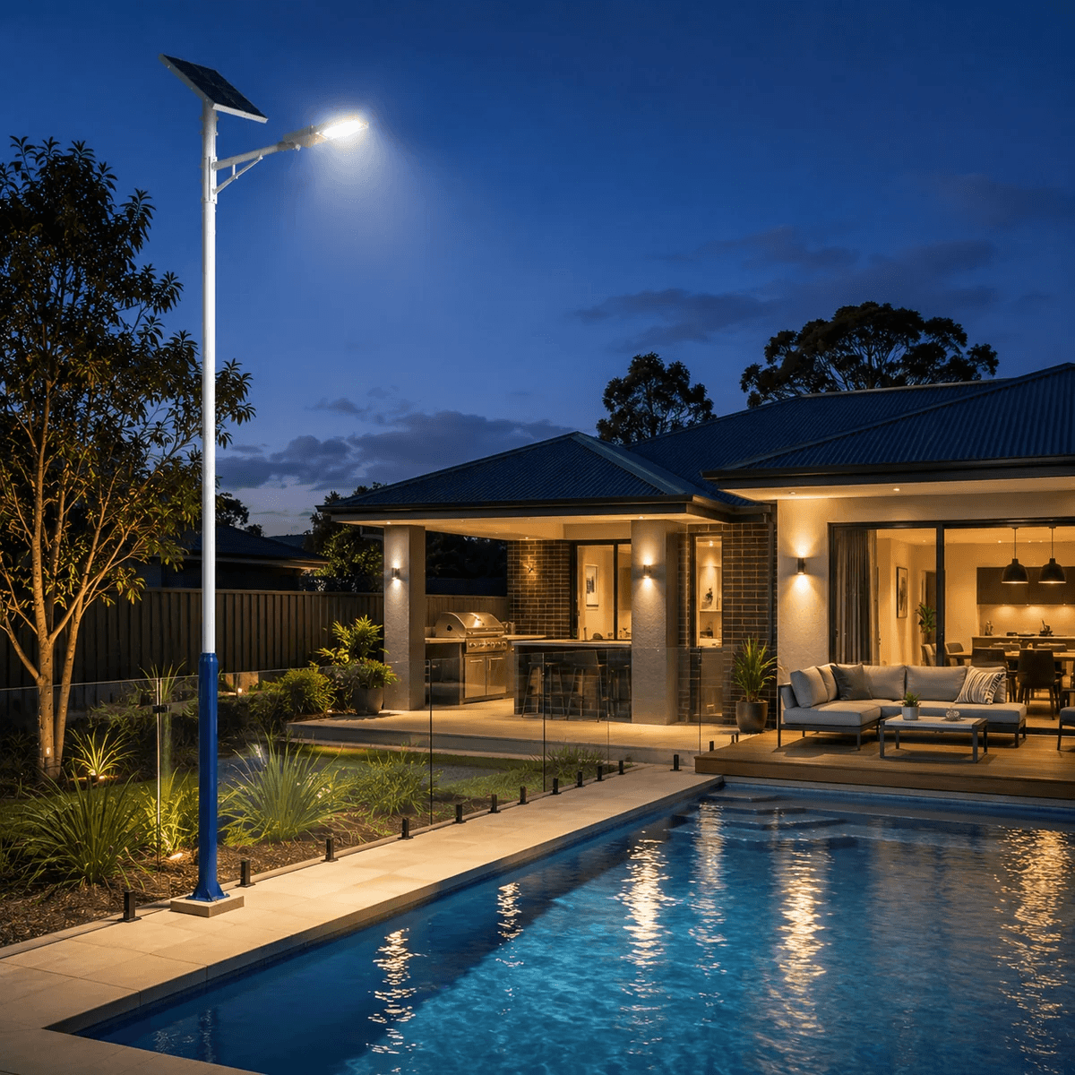 A multi-purpose galvanized pole holding a bright solar street light setup to provide outdoor security and pathway illumination next to a modern suburban backyard swimming pool and alfresco patio in Australia.