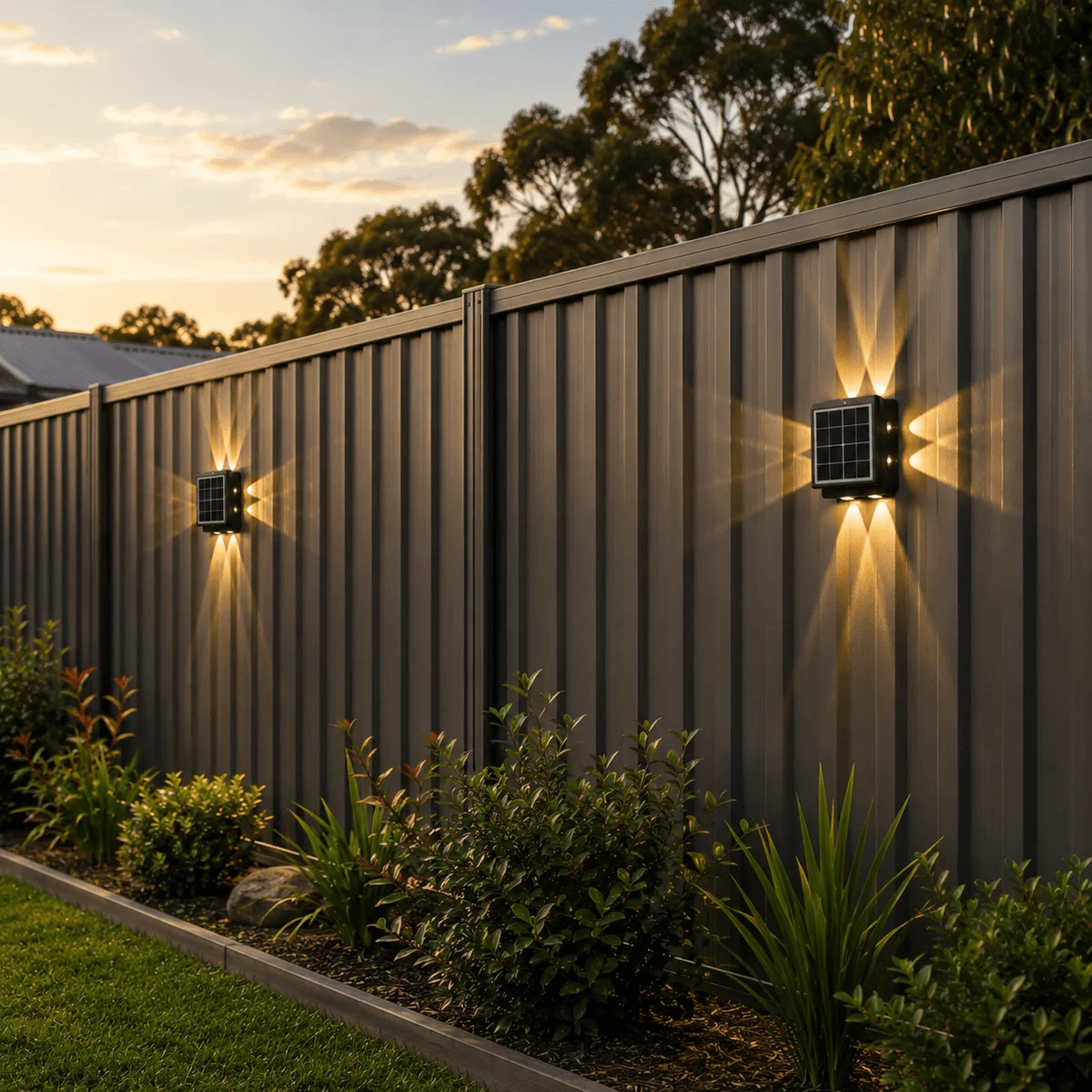 Two solar lights for fences mounted along a dark gray Colorbond boundary fence line, projecting a warm white architectural four-way beam pattern over garden garden beds.