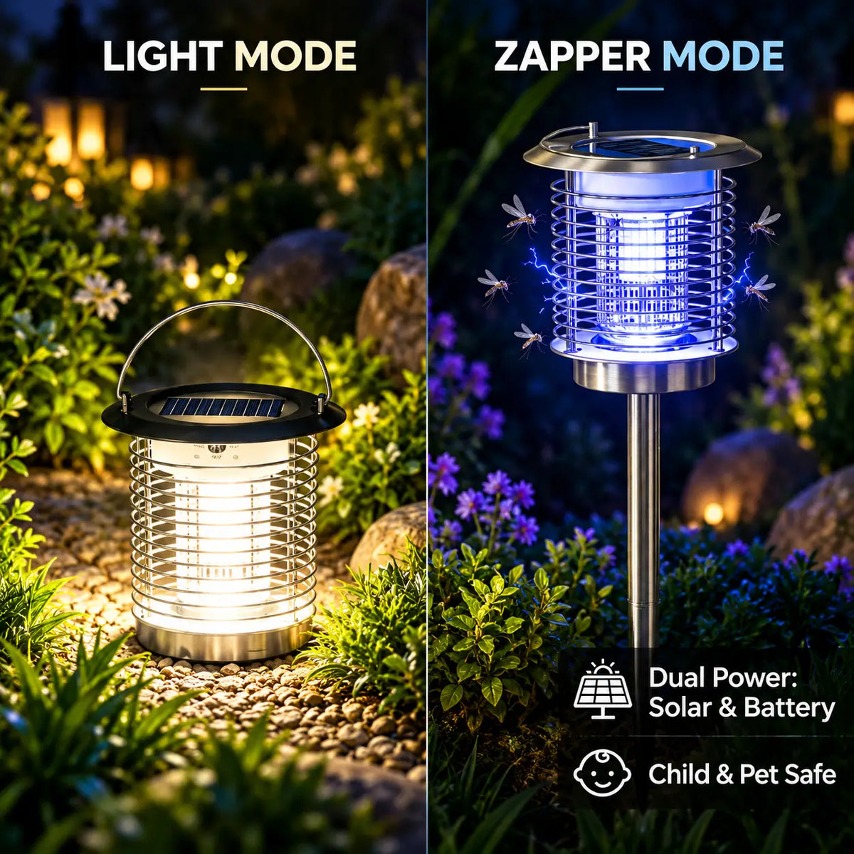 Side-by-side mode comparison infographic for the solar mosquito zapper demonstrating the warm white pathway illumination in light mode and the blue-violet high-voltage electric grid in bug zapper mode.