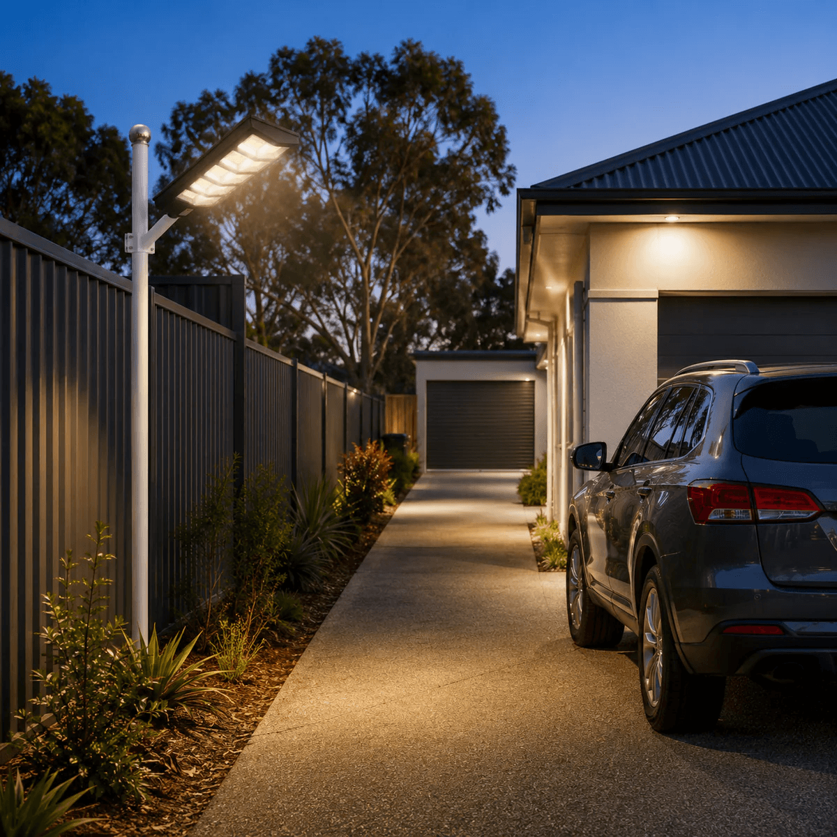 An ultra bright solar motion sensor light outdoor unit illuminating a residential driveway and garage side path at night as an effective vehicle solar security light.
