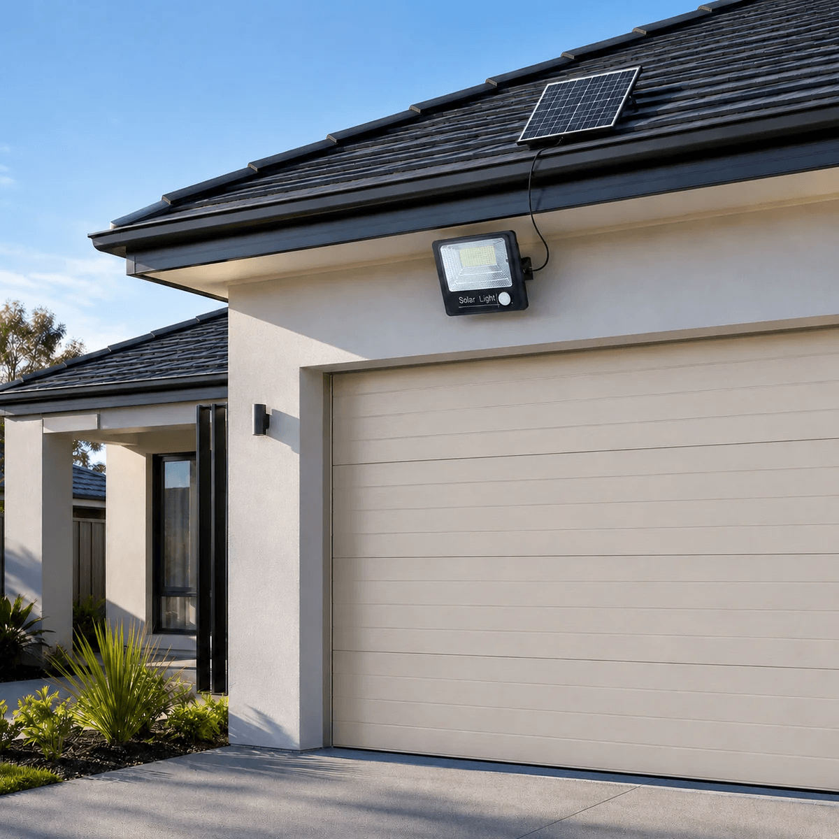 Solar motion sensor security light installed directly above a residential garage door with a separate roof-mounted charging panel.