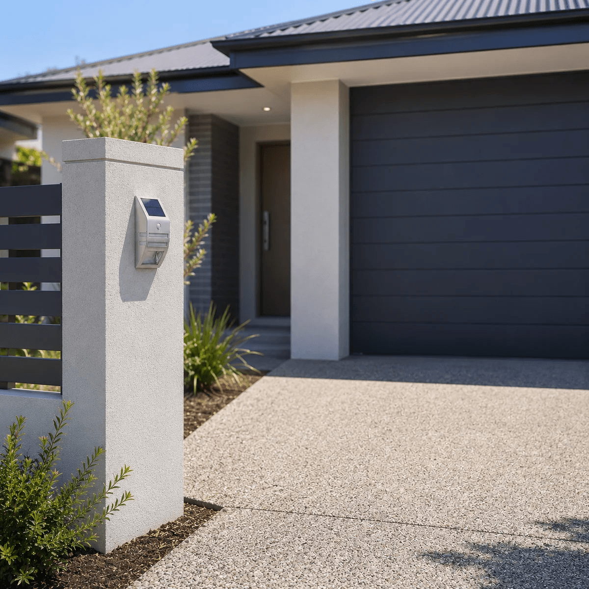 A solar outdoor wall light mounted on a concrete fence pillar next to a modern concrete driveway and garage entrance.