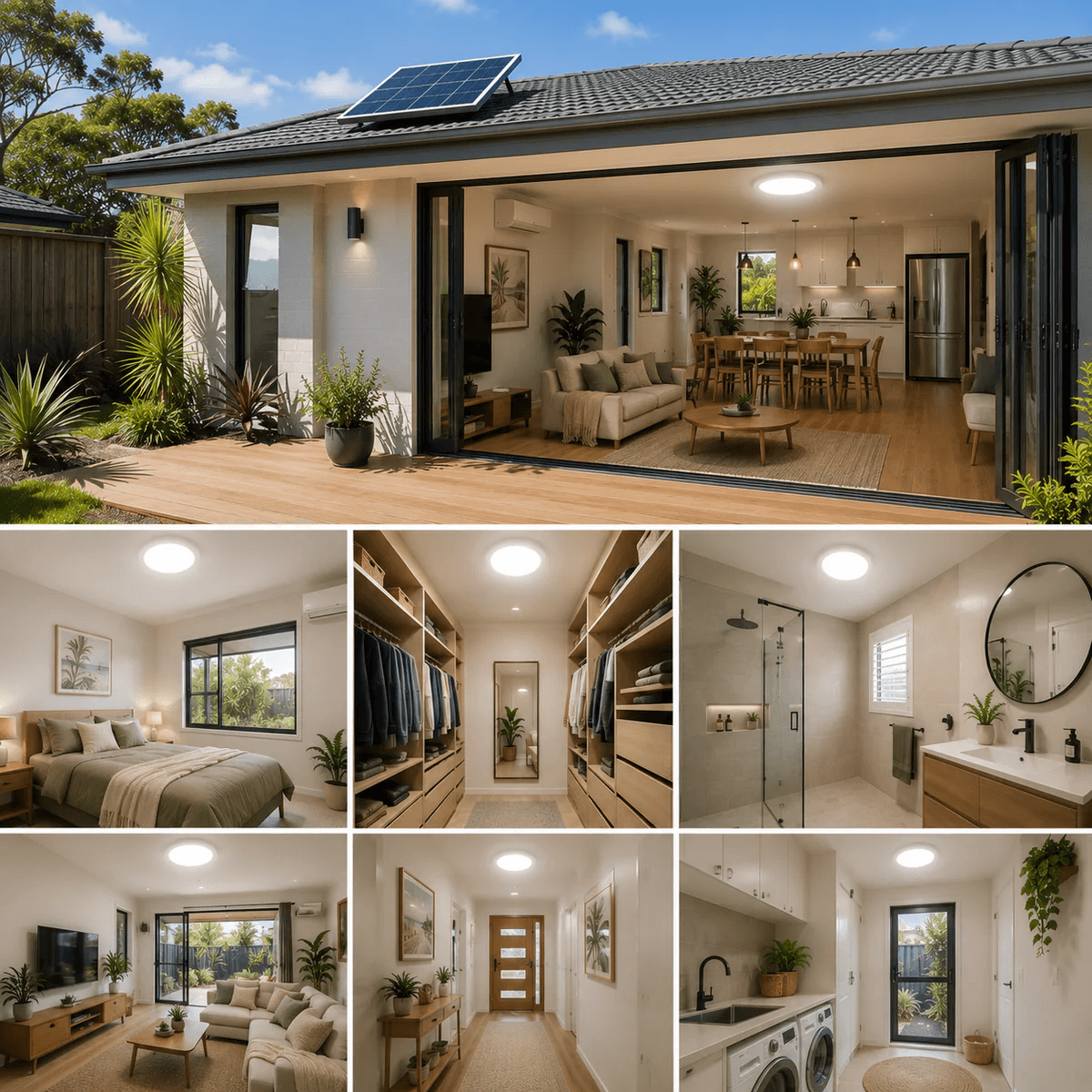 A 30W LED solar powered skylight kit installed across a modern home, showing a roof solar panel powering round solar ceiling light fixtures inside an open-plan kitchen, bedroom, walk-in robe, bathroom, living room, hallway, and laundry.