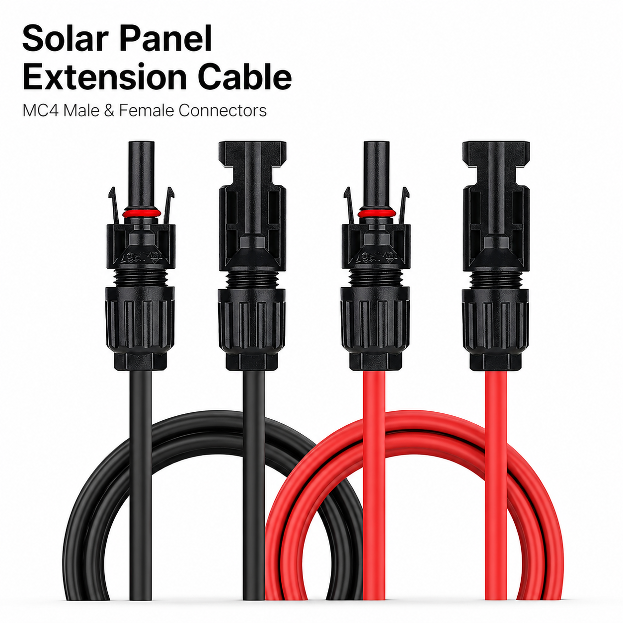 Solar panel extension cable featuring red and black tinned copper wire with pre-crimped MC4 male female connectors for Australian caravan and off-grid setups.