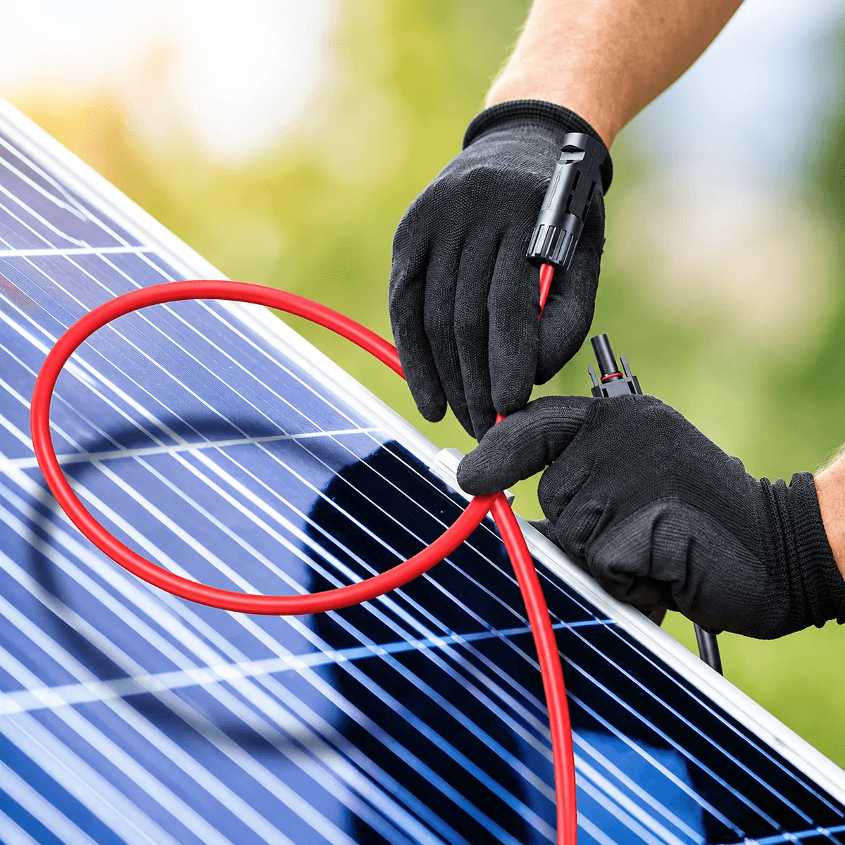 An installer connecting a red solar panel extension lead to an outdoor rooftop solar panel system using heavy-duty weatherproof MC4 connector wire cables.
