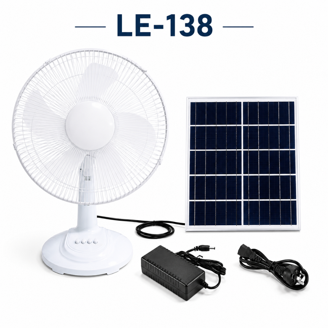 Product kit layout of the LE-138 solar panel powered table fan in white, displayed on a clean background alongside its polysilicon solar panel, AC adapter block, and Australian 3-pin mains power cable.