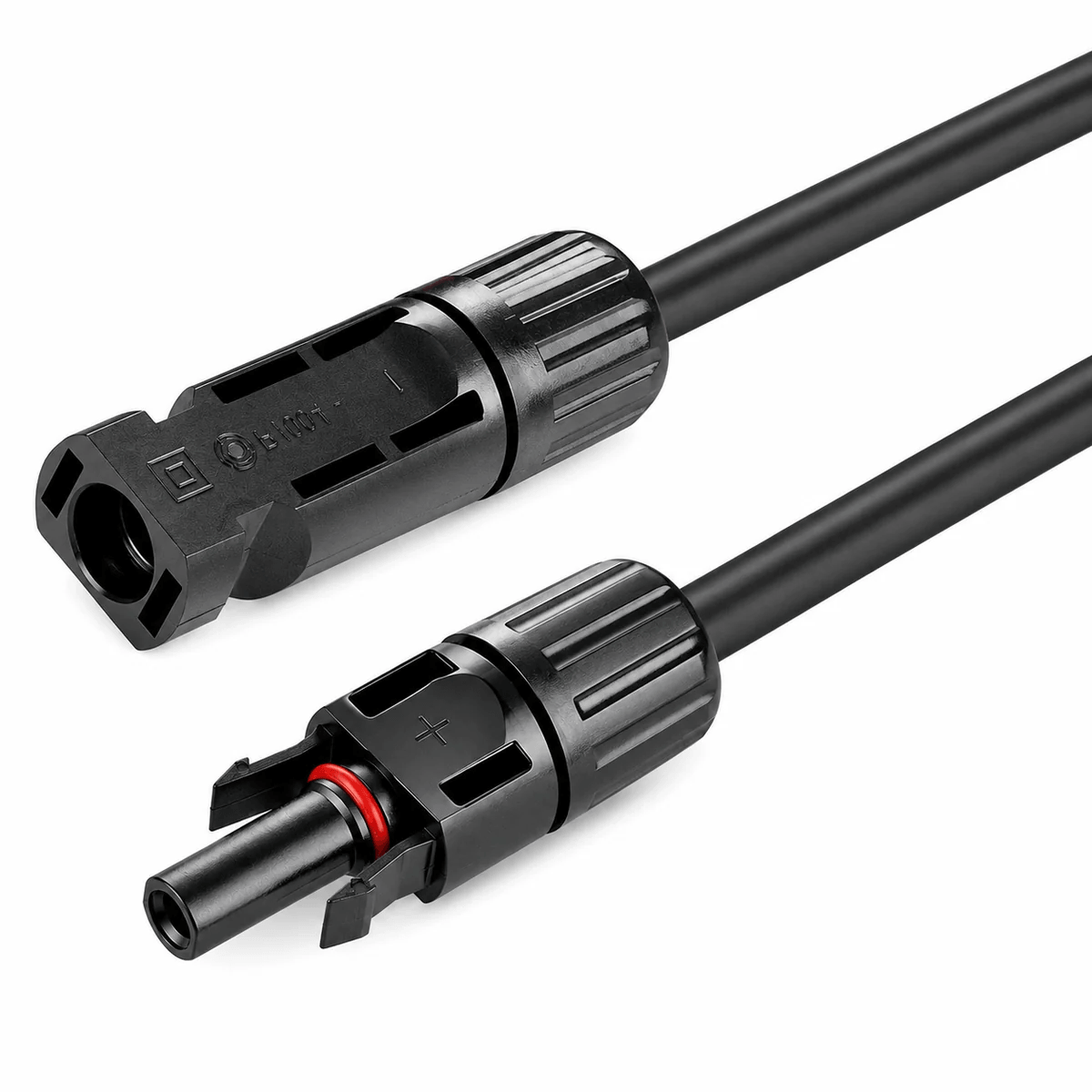 Close-up view of a black solar panel wire extension 5m or 10m cable showing the detailed construction of the positive and negative MC4 connector plugs.