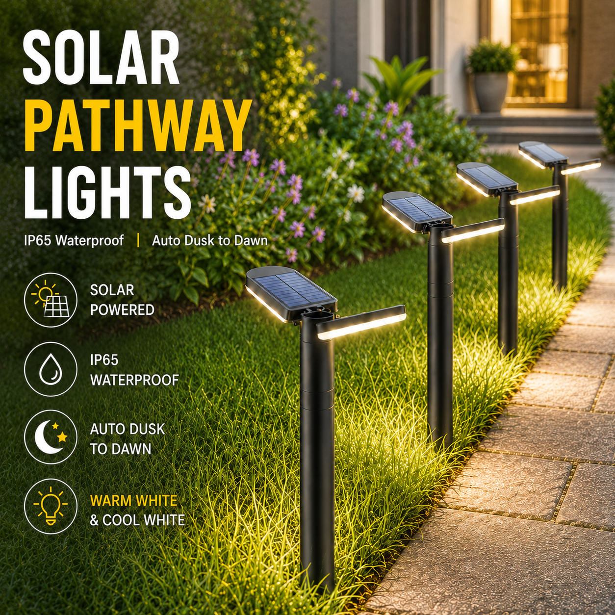 Solar pathway lights installed along garden walkway showing IP65 waterproof auto dusk to dawn operation with warm white and cool white LED options