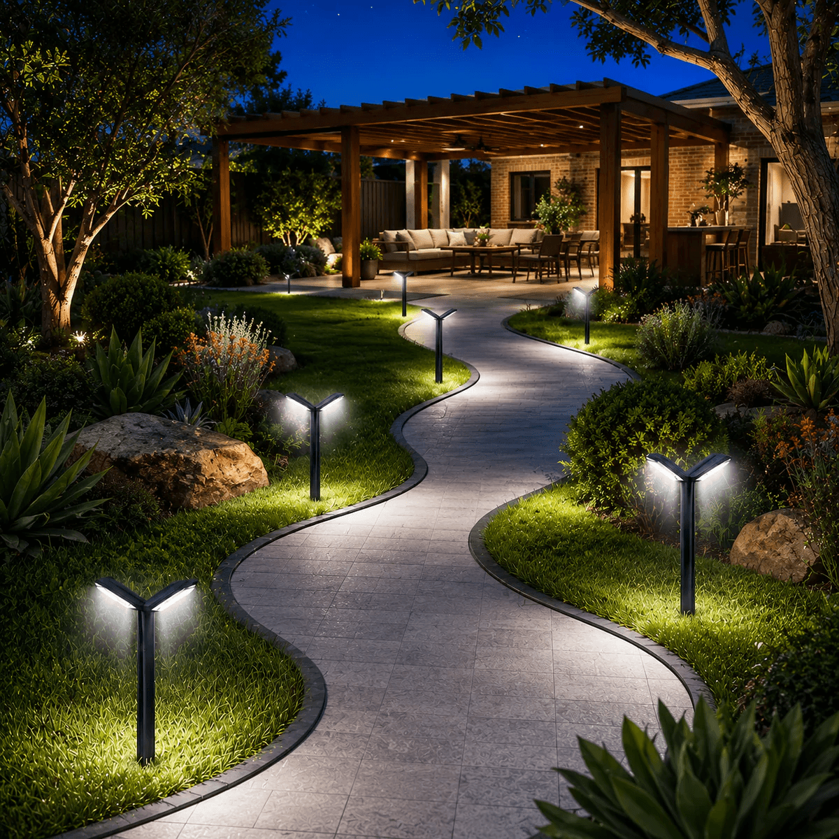 Solar pathway lights lining both sides of a winding garden walkway at night with cool white LED illuminating lush garden beds Australia