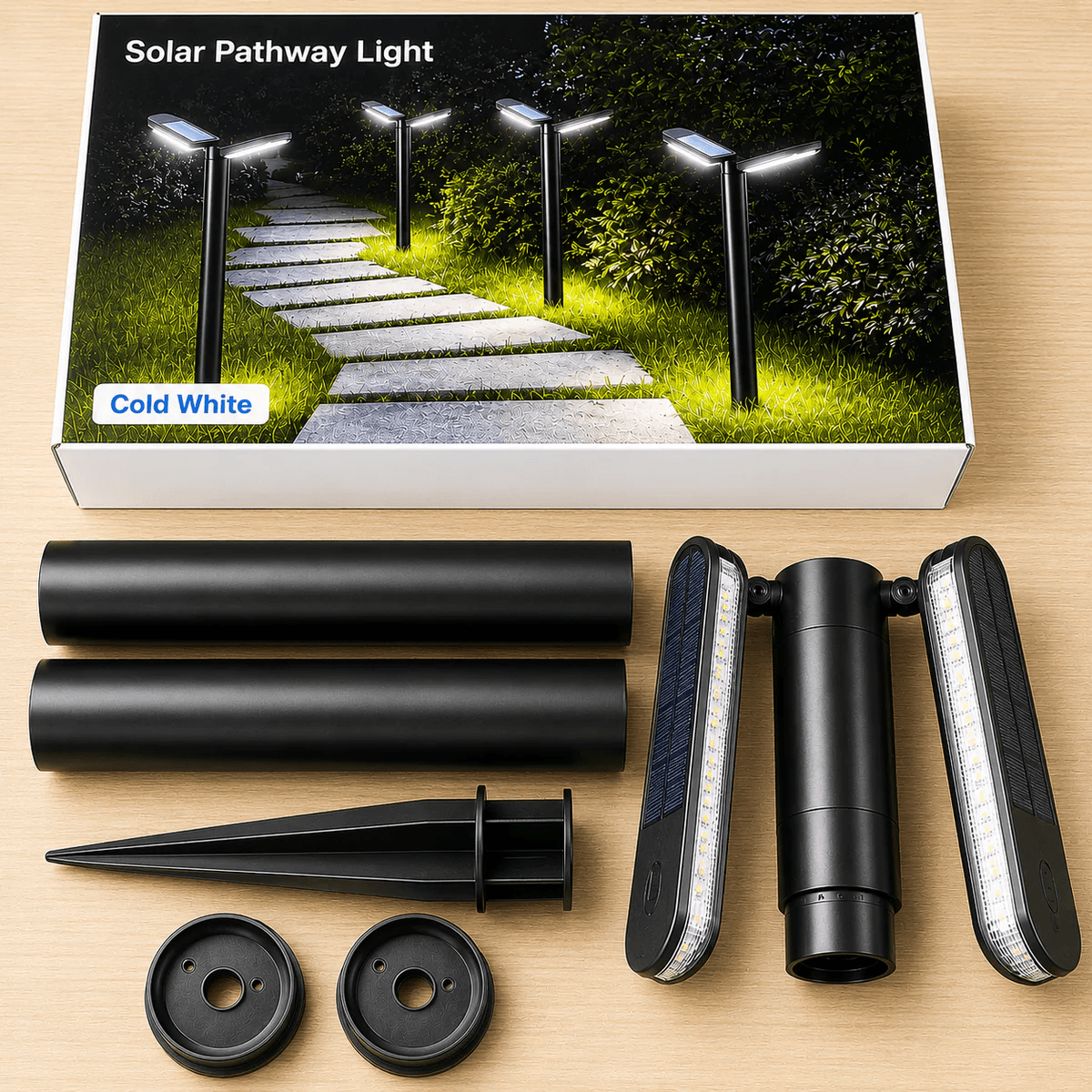 Solar pathway lights package contents showing retail box pole sections ground stake base caps and dual LED light head unit for easy installation in Australia