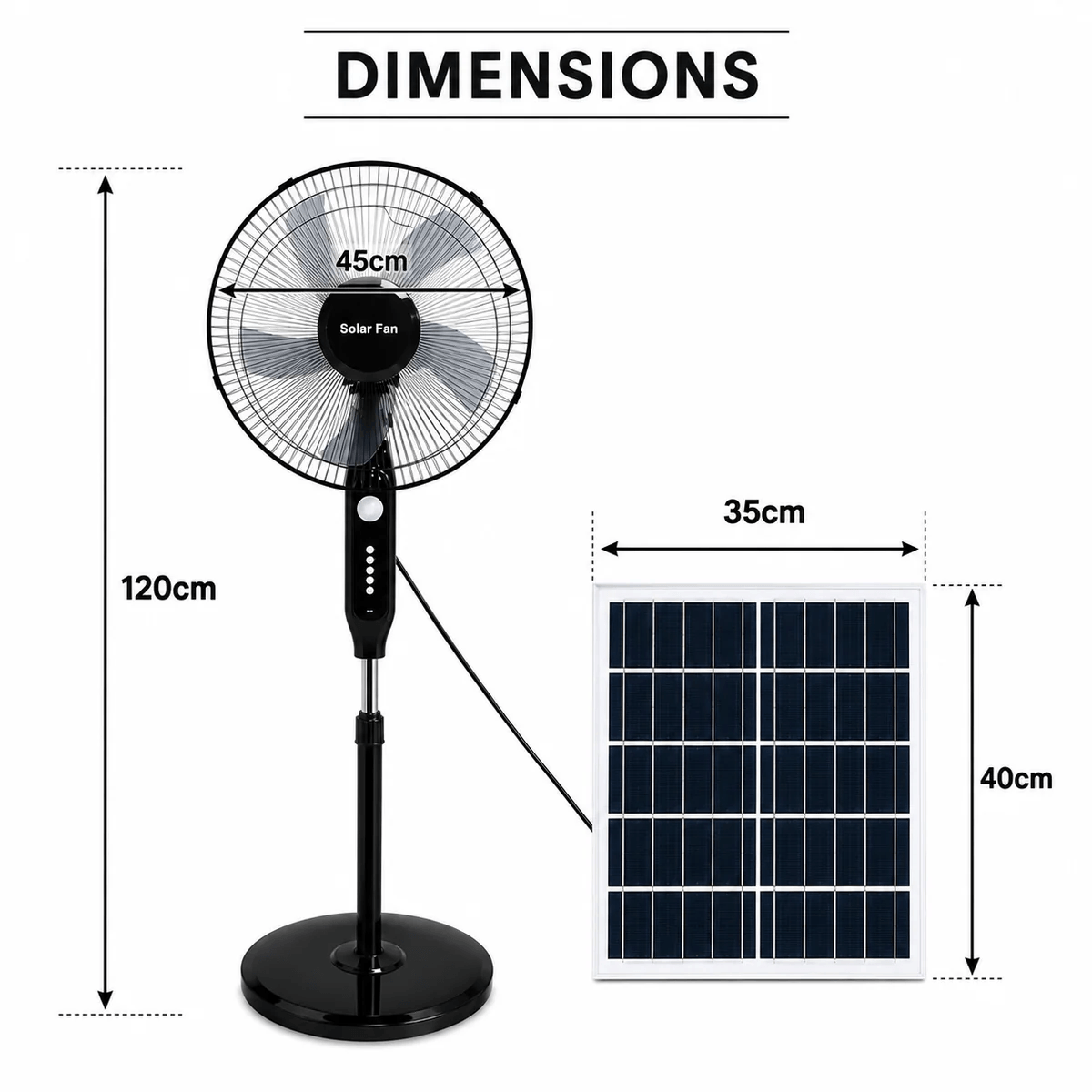 A technical dimension infographic showing the 120cm height and 45cm blade diameter of the solar pedestal fan alongside the 40cm by 35cm measurements of its solar panel.