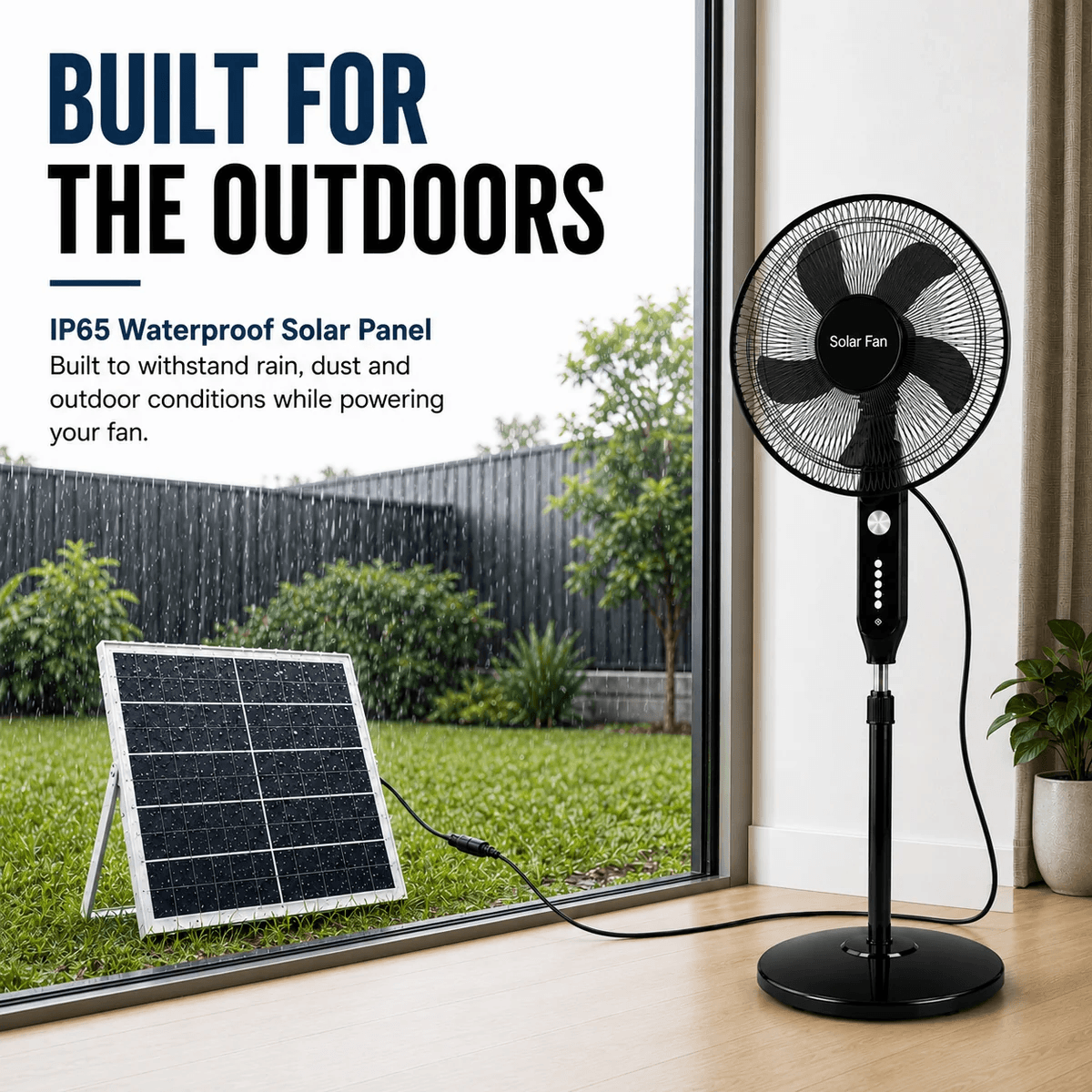 An infographic highlighting a solar pedestal fan placed indoors while connected to an IP65 waterproof solar panel operating outside in the rain.