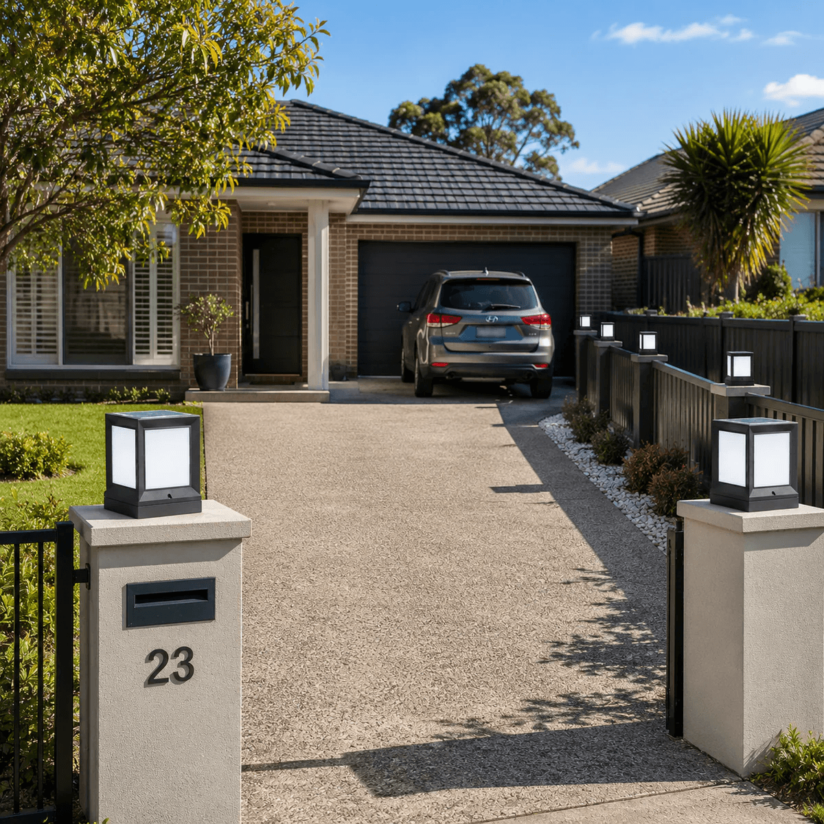 Solar pillar cap light installed on gate and fence posts of an Australian home driveway showing multiple outdoor solar LED post cap lights lining the entrance for kerb appeal