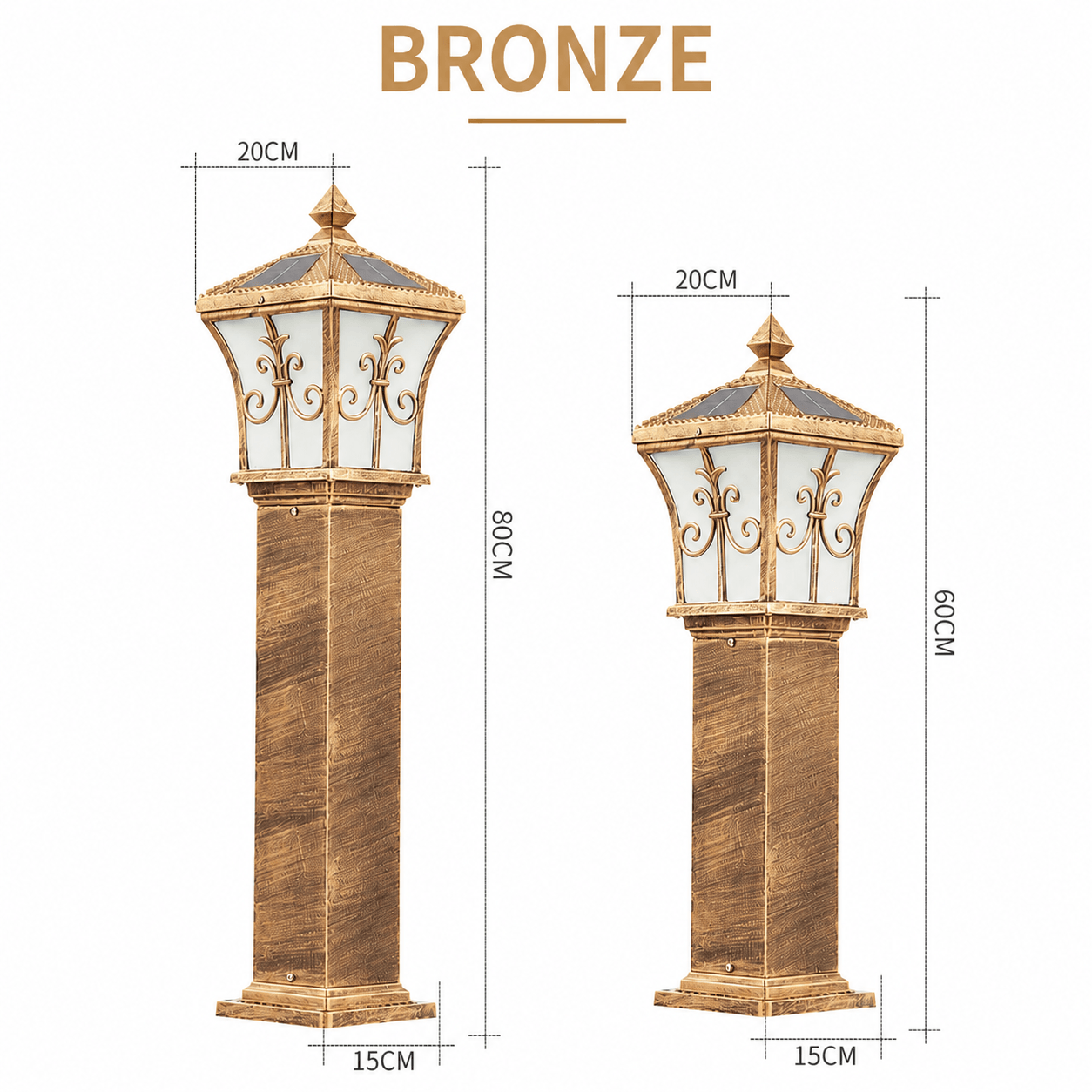 Dimension diagram for the bronze solar pillar light, showing the 60cm and 80cm total height variations with a 20cm top width and 15cm base width.