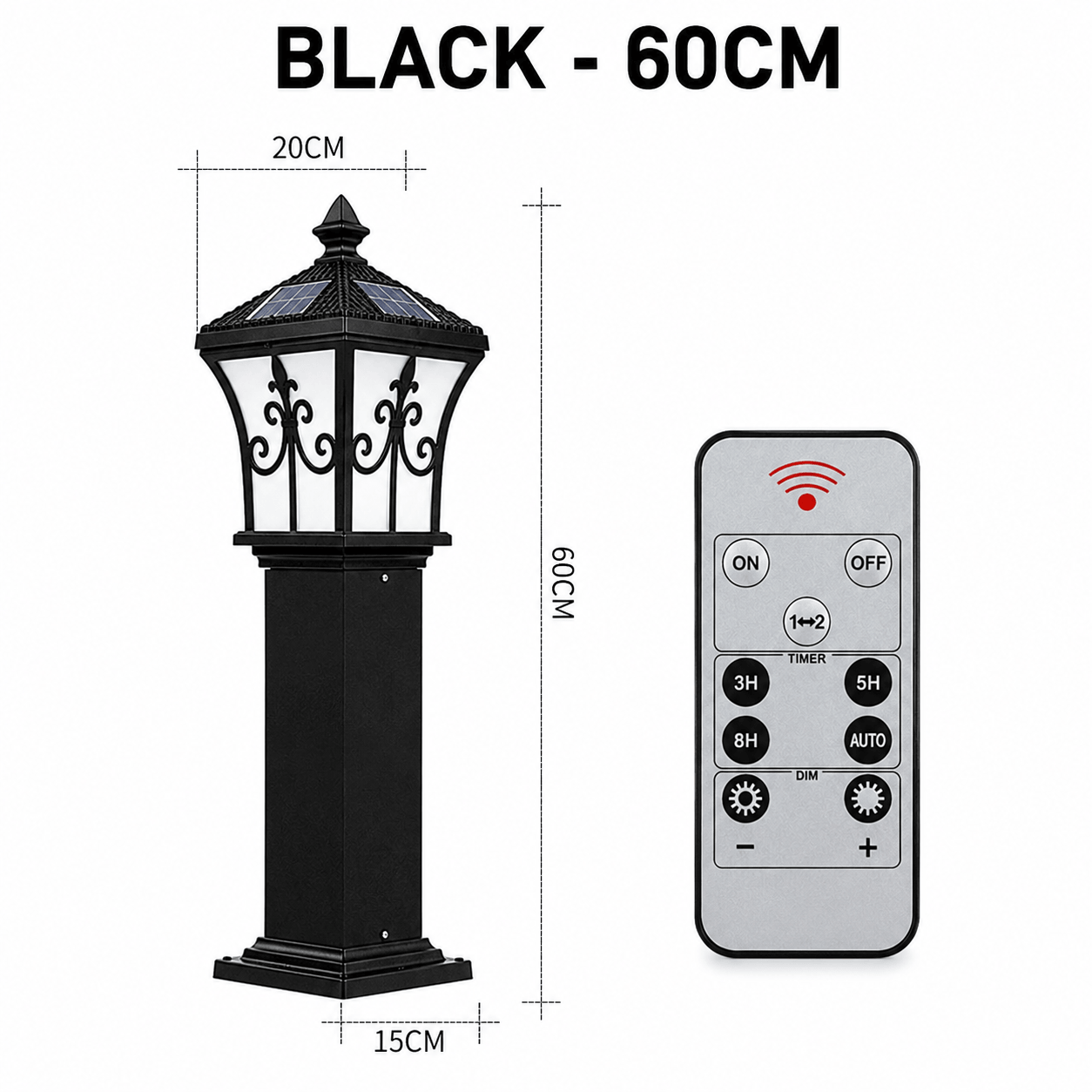 Product graphic for the black 60cm solar pillar light variant showing its 20cm top and 15cm base dimensions alongside its matching multi-function remote control.