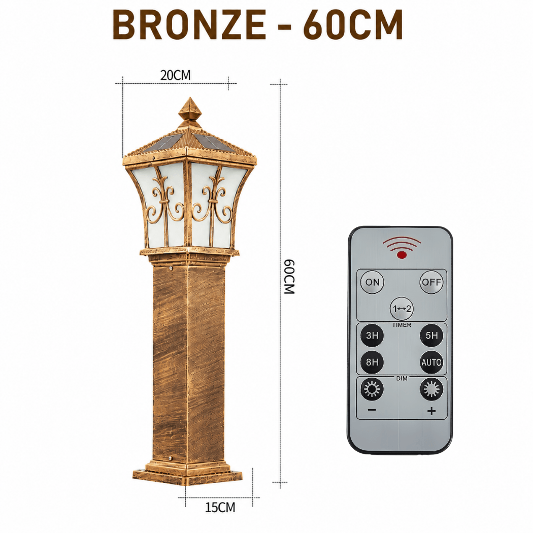 Product graphic for the bronze 60cm solar pillar light variant showing its 20cm top and 15cm base dimensions alongside its matching multi-function remote control.